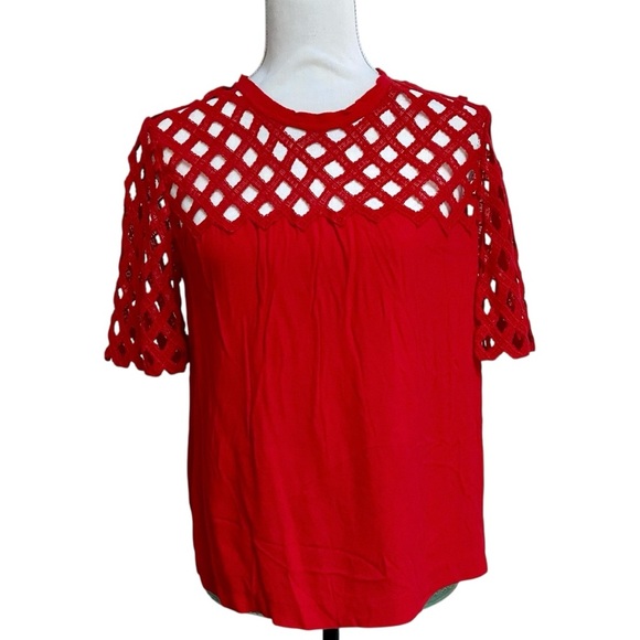 Sandro Paris Lace Blouse FR 2 US 6 Red Cutout Short Sleeve Keyhole NWT $250 - Picture 1 of 13